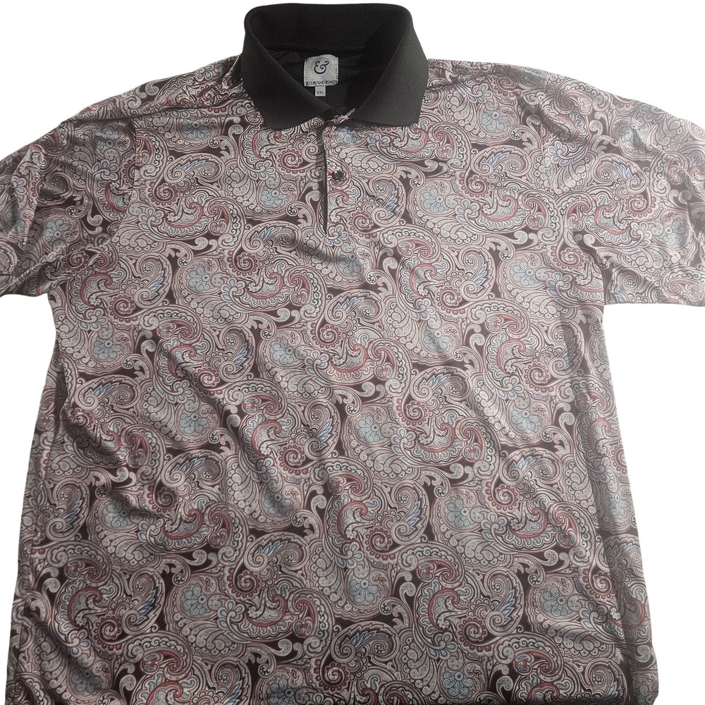 Kilburne Finch Polo Shirt Mens 2XL Paisley Print Black Collar Short Sleeve